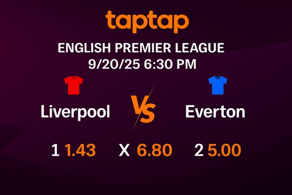 Liverpool vs Everton Premier League match banner showing date 20/09/2025 at 6:30 PM with betting odds 1 (1.43), X (6.80), and 2 (5.00), featuring red and blue shirts for each team and taptap logo on top.