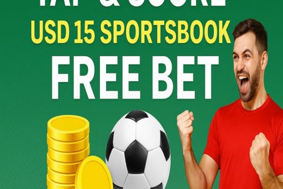 Tap & Score – USD 15 Sportsbook Free Bet promotion banner with bold heading, golden coins, soccer ball, and excited male player on green background
