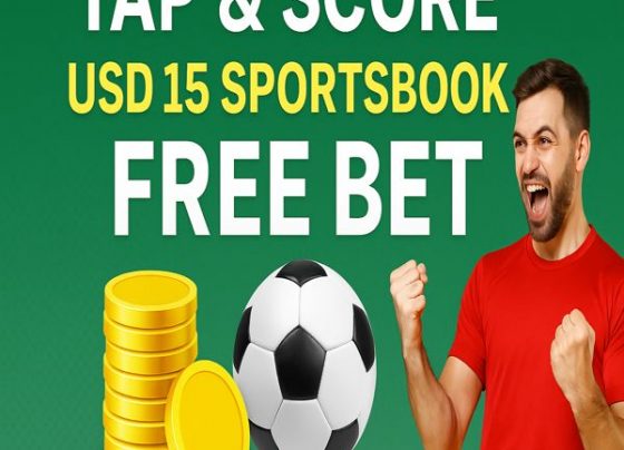 Tap & Score – USD 15 Sportsbook Free Bet promotion banner with bold heading, golden coins, soccer ball, and excited male player on green background