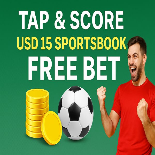 Tap & Score – USD 15 Sportsbook Free Bet promotion banner with bold heading, golden coins, soccer ball, and excited male player on green background