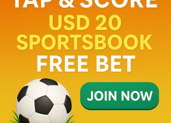 Tap & Score – USD 20 Sportsbook Free Bet promotion banner with bold heading, soccer ball on grass, green join now button, and orange gradient background.