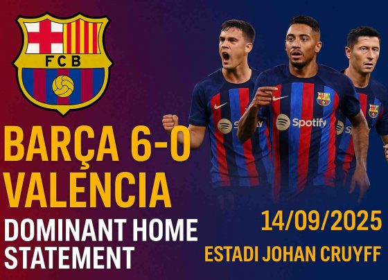 FC Barcelona 6-0 Valencia match review banner, La Liga 14/09/2025 at Estadi Johan Cruyff, featuring scorers Fermín López, Raphinha, and Lewandowski with bold scoreline and blaugrana colors.