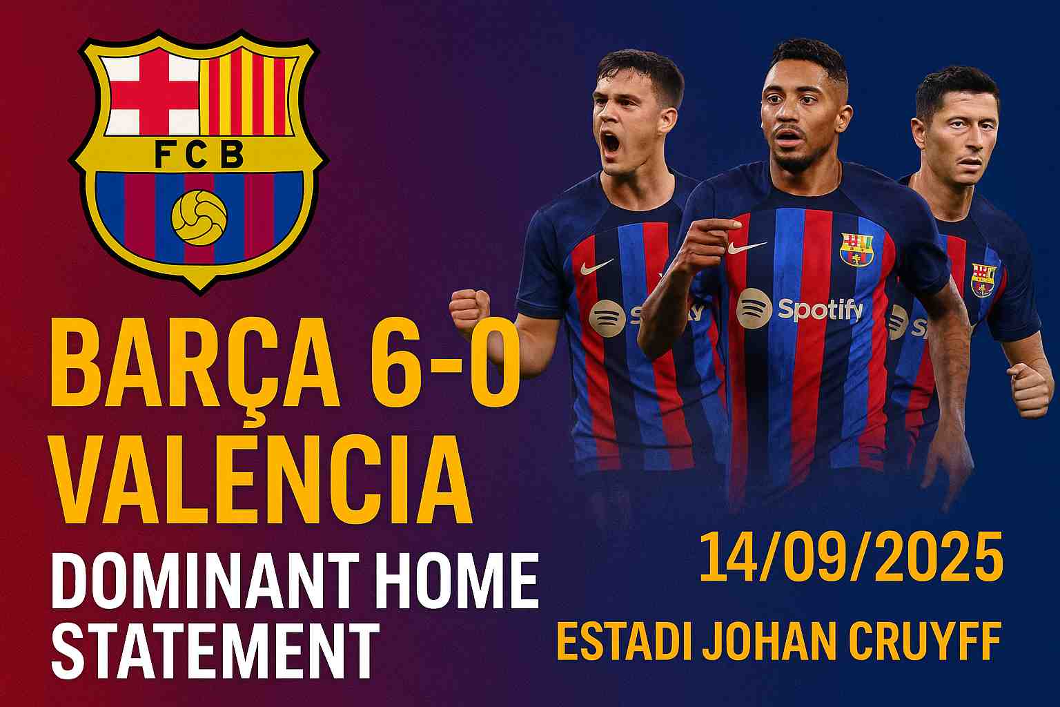FC Barcelona 6-0 Valencia match review banner, La Liga 14/09/2025 at Estadi Johan Cruyff, featuring scorers Fermín López, Raphinha, and Lewandowski with bold scoreline and blaugrana colors.