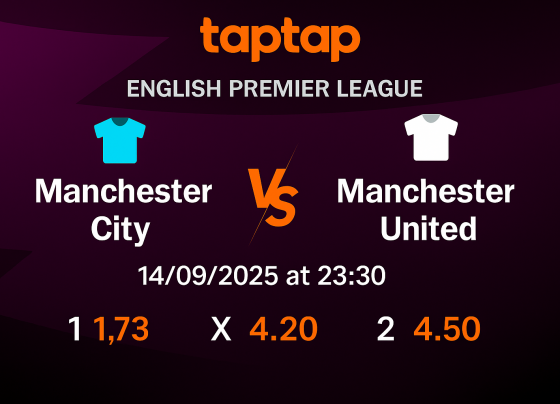 Man City vs Man United Premier League match banner, scheduled 14/09/2025 at 23:30
