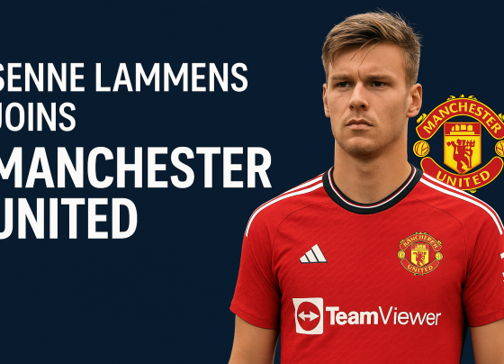 Senne Lammens in a Manchester United kit with the club crest, alongside bold text announcing his signing with the team.