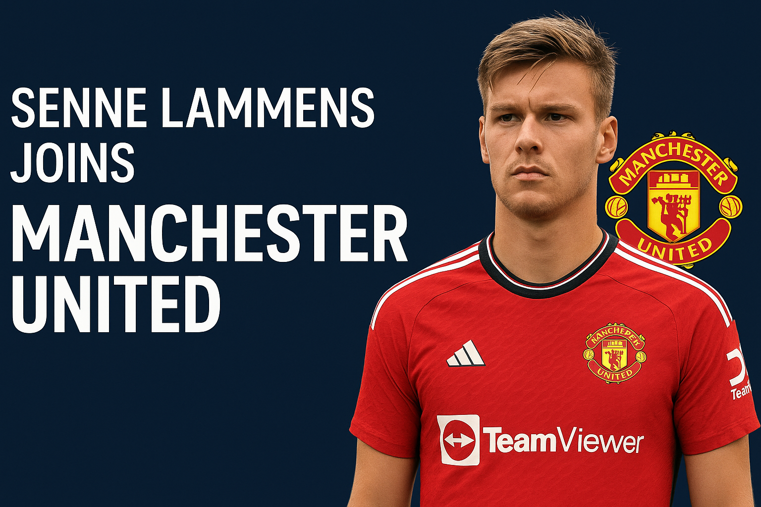 Senne Lammens in a Manchester United kit with the club crest, alongside bold text announcing his signing with the team.