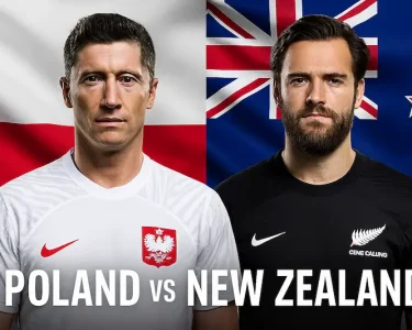 Poland vs New Zealand football match — feature image showing Robert Lewandowski and Chris Wood representing their national teams, with both country flags in the background.
