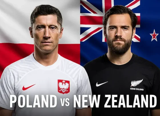 Poland vs New Zealand football match — feature image showing Robert Lewandowski and Chris Wood representing their national teams, with both country flags in the background.