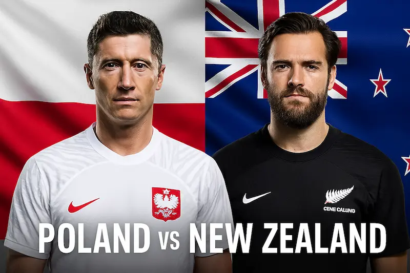 Poland vs New Zealand football match — feature image showing Robert Lewandowski and Chris Wood representing their national teams, with both country flags in the background.