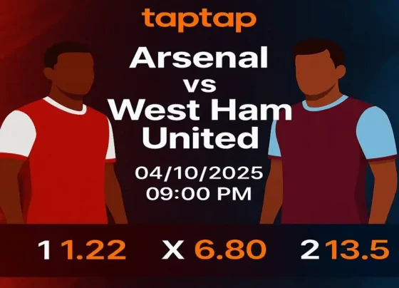 Arsenal vs West Ham United Premier League match preview banner with silhouettes of players, match date 04/10/2025 at 09:00 PM, betting odds 1 (1.22) , X (6.80) , 2 (13.5), and taptap logo.