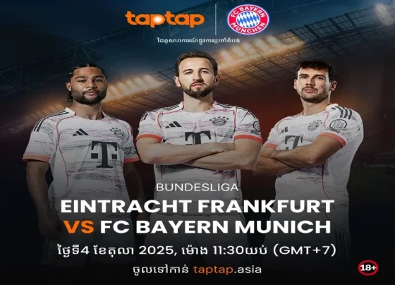 Bundesliga preview banner of Eintracht Frankfurt vs Bayern Munich, with Bayern players in white kits and match betting info at taptap.