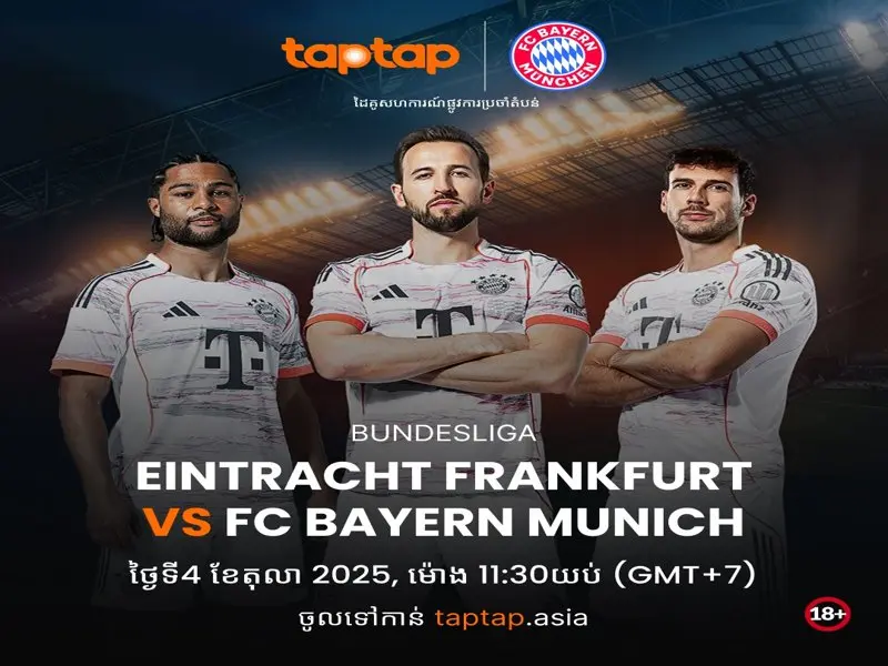 Bundesliga preview banner of Eintracht Frankfurt vs Bayern Munich, with Bayern players in white kits and match betting info at taptap.
