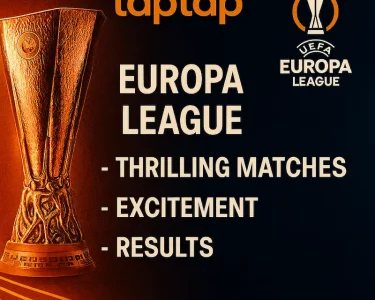 A Europa League promotional banner with the Europa League trophy, taptap logo, and text reading “EUROPA LEAGUE INFORMATION – Exciting Matches – Surprises – Results” in gold and blue theme.