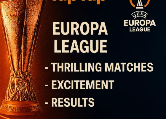 A Europa League promotional banner with the Europa League trophy, taptap logo, and text reading “EUROPA LEAGUE INFORMATION – Exciting Matches – Surprises – Results” in gold and blue theme.