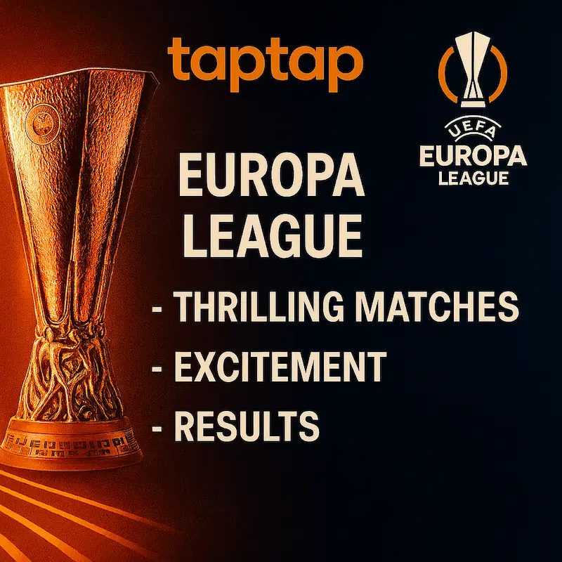 A Europa League promotional banner with the Europa League trophy, taptap logo, and text reading “EUROPA LEAGUE INFORMATION – Exciting Matches – Surprises – Results” in gold and blue theme.