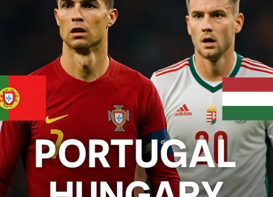Portugal vs Hungary – Players from both teams wearing their national jerseys in an intense football match at the stadium under bright lights with the words “World Cup 2026” displayed in the background.