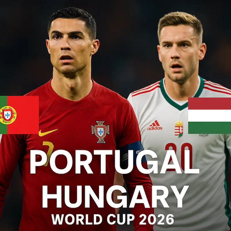 Portugal vs Hungary – Players from both teams wearing their national jerseys in an intense football match at the stadium under bright lights with the words “World Cup 2026” displayed in the background.