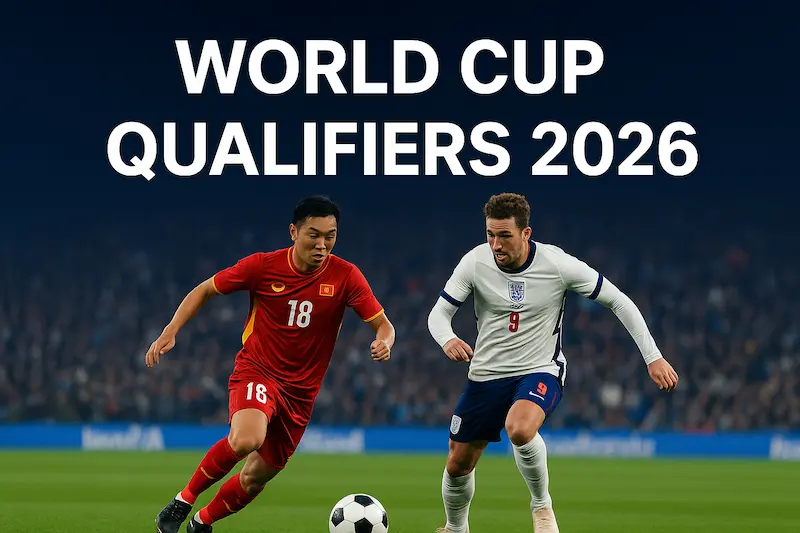 World Cup Qualifiers 2026 – Players from Vietnam and England competing intensely for the ball on a vibrant football pitch, showcasing global competition and passion.