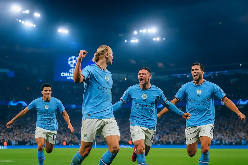 Man City កំពុងធ្វើប្រកួតនៅ UEFA Champions League ក្នុងយប់ ដែលមានភ្លើងពេលយប់ភ្លឺស្រទាប់ និងបរិយាកាសកីឡាអន្តរជាតិ។