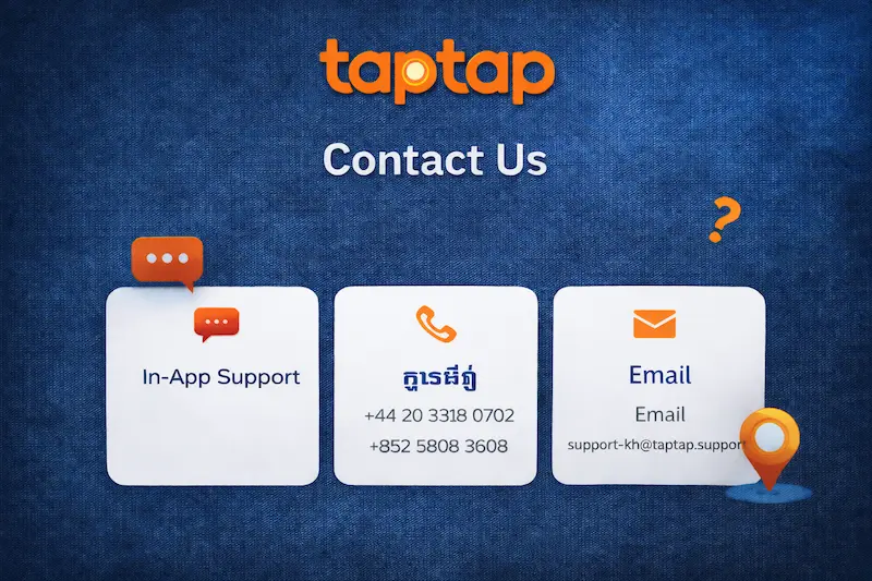 រូបភាព Contact Us របស់ taptap បង្ហាញឡូហ្គោ taptap នៅខាងលើ និងជម្រើសទំនាក់ទំនងដូចជា In-App Support លេខទូរស័ព្ទ និងអ៊ីម៉ែល support-kh@taptap.support លើផ្ទៃខាងក្រោយពណ៌ខៀវងងឹត