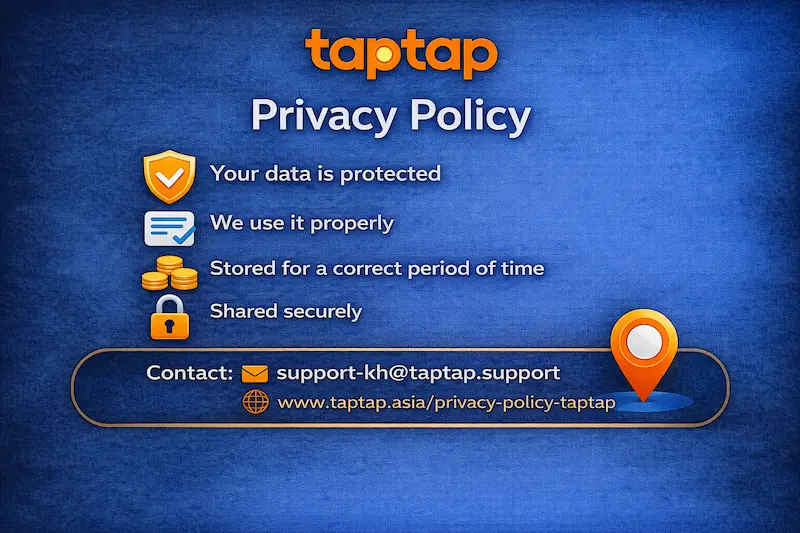 Banner គោលការណ៍ឯកជនភាព taptap មានឡូហ្គោ taptap នៅផ្នែកខាងលើ អមដោយពាក្យ ‘Privacy Policy’ ជាភាសាអង់គ្លេស និងរូបតំណាងសុវត្ថិភាពដូចជា ខែលការពារ ទិន្នន័យឌីជីថល និងសោសុវត្ថិភាព លើផ្ទៃខាងក្រោយពណ៌ខៀវងងឹត