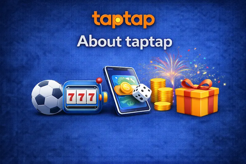 Banner អំពី taptap បង្ហាញឡូហ្គោ taptap ពណ៌ទឹកក្រូចនៅផ្នែកខាងលើ លើផ្ទៃខាងក្រោយពណ៌ខៀវងងឹត អមដោយរូបតំណាងកីឡាបាល់ទាត់ ម៉ាស៊ីនស្លុត ទូរស័ព្ទលេងហ្គេម និងប្រអប់រង្វាន់ជាមួយផ្កាភ្លើង ដើម្បីបង្ហាញពីភាពសប្បាយ និងថាមពលនៃវេបសាយ taptap